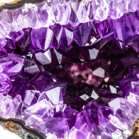 A stunning macro photograph captures the intricate beauty inside an amethyst geode. Facets of deep purple and lilac crystals sparkle, revealing the raw, natural elegance of this precious gemstone.の素材