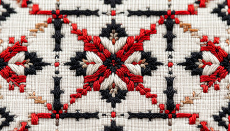 A detailed macro view of a traditional hand-stitched embroidery, showcasing a vibrant geometric pattern in red and black threads.の素材
