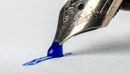 A macro shot captures the precise moment a classic fountain pen nib touches paper, leaving a vibrant stroke of blue ink.の素材