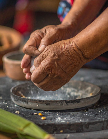 Weathered, experienced hands carefully craft masa, the traditional corn dough at the heart of many Latin American cuisines.の素材