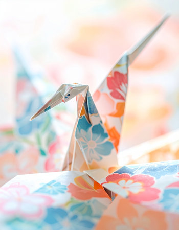 A beautifully crafted origami crane, folded from paper with a vibrant floral pattern. Bathed in soft, natural light, the delicate paper bird stands as a symbol of peace, hope, and meticulous artistry.の素材