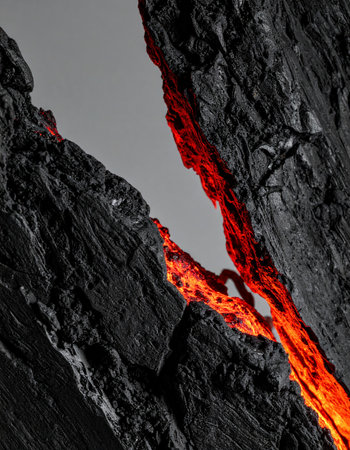 A dramatic close-up captures the raw power of nature as a glowing river of molten lava carves its path through a dark, fractured volcanic rock fissure.の素材