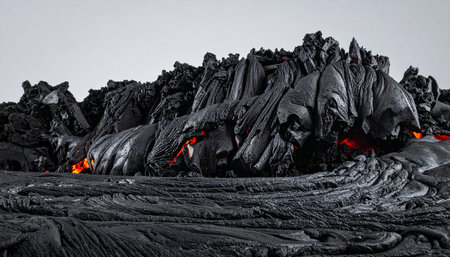A detailed view captures the dramatic moment of creation as molten lava cools and solidifies into black, igneous rock.の素材