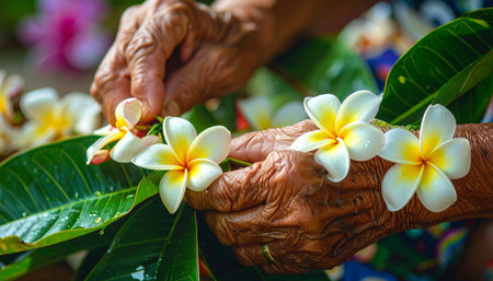 With gentle, experienced hands, an elder carefully arranges fresh plumeria blossoms, weaving a traditional Hawaiian lei.の素材