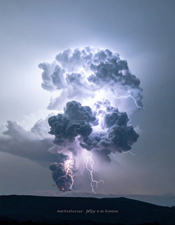 A colossal plume of ash and smoke billows into the sky from an erupting volcano, creating its own weather system.の素材