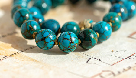 A close-up view of a beautiful, handcrafted bracelet with marbled blue-green beads, possibly turquoise or chrysocolla.の素材