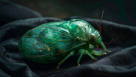 A stunningly detailed sculpture of a cicada, crafted from translucent emerald green glass, rests upon a bed of dark, flowing silk.の素材