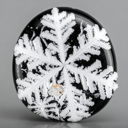 A macro photograph captures the intricate beauty of a polished snowflake obsidian cabochon.の素材