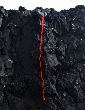 A vibrant, fiery artery of molten lava carves its path down a stark cliff of black, cooled volcanic rock.の素材
