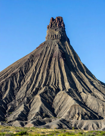 An imposing, deeply eroded butte rises dramatically from the desert floor under a vast, clear blue sky.の素材