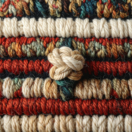 A detailed macro view captures the rich texture and warm, earthy tones of a hand-woven fabric.の素材