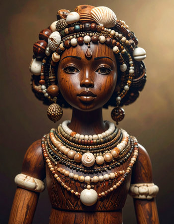 A beautifully handcrafted wooden doll stands in serene silence, its form adorned with a rich tapestry of beads, shells, and natural ornaments.の素材