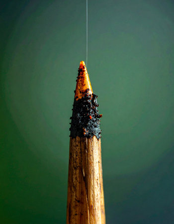 A macro photograph captures the intense detail of a worn pencil tip, where a single, delicate thread hangs from its broken point.の素材