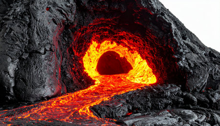 A powerful river of molten lava glows with intense heat as it emerges from a dark, cavernous opening in volcanic rock.の素材