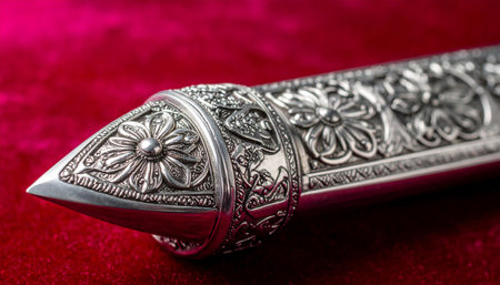 A close-up of an exquisitely crafted silver dagger scabbard, its surface covered in intricate floral engravings.の素材
