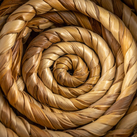 A mesmerizing close-up of a tightly coiled rope made from natural, golden fibers.の素材