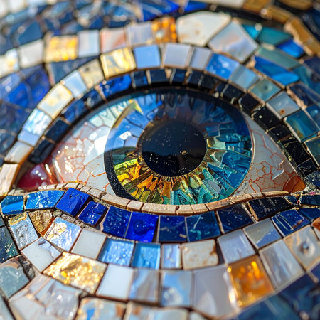A stunning close-up reveals the intricate detail of a mosaic eye, where countless pieces of colorful glass and tile come together to form a singular, captivating vision.の素材
