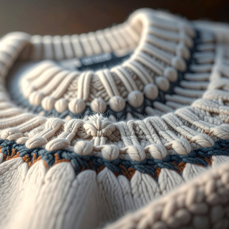 A close-up view reveals the intricate, handcrafted details of a warm wool sweater.の素材
