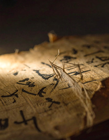 A single beam of light illuminates a fragile, ancient papyrus, revealing mysterious hieroglyphic script.の素材