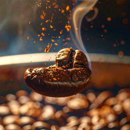From the heart of the roaster, a single coffee bean emerges, imbued with the spirit of an ancient pharaoh.の素材