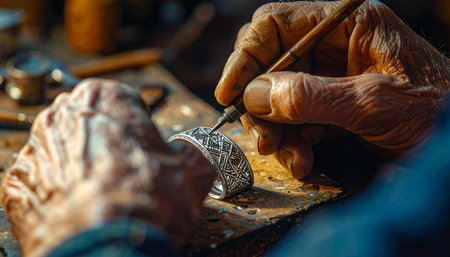 With a lifetime of experience etched into his hands, a master artisan carefully engraves an intricate design onto a piece of metal.の素材