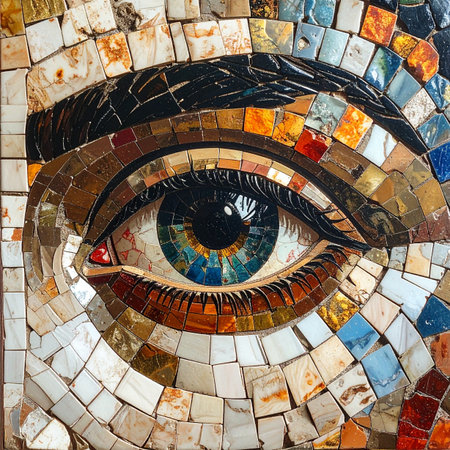 A detailed close-up of a mosaic eye, meticulously crafted from countless small, colorful tiles.の素材