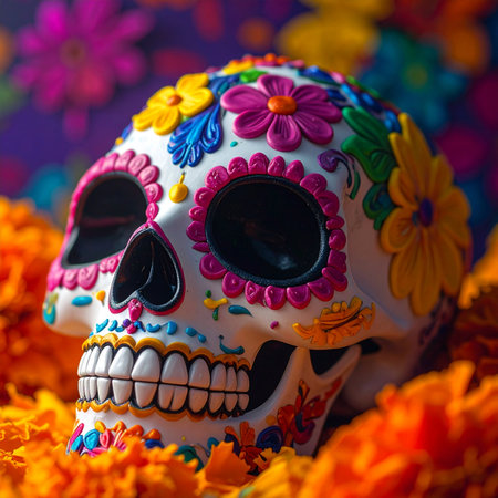A beautifully decorated Calavera, or sugar skull, rests on a bed of vibrant orange marigolds.の素材