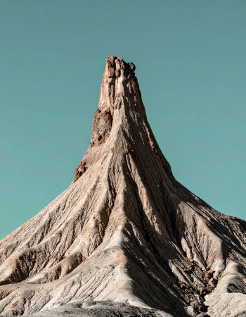 A solitary rock spire, sculpted by millennia of wind and water, stands as a silent monument against a vast, clear teal sky.の素材
