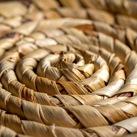 A detailed macro view captures the intricate spiral of a handcrafted object woven from natural, dried fibers.の素材