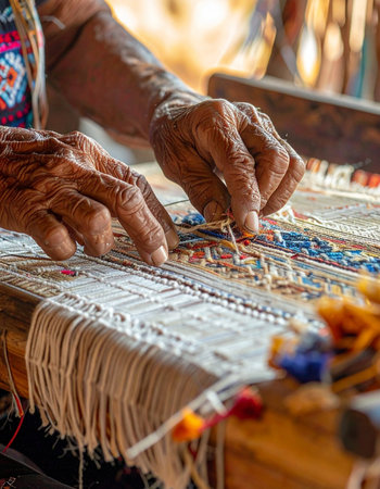 With decades of experience etched into every line on their hands, a master artisan meticulously works at a traditional loom.の素材