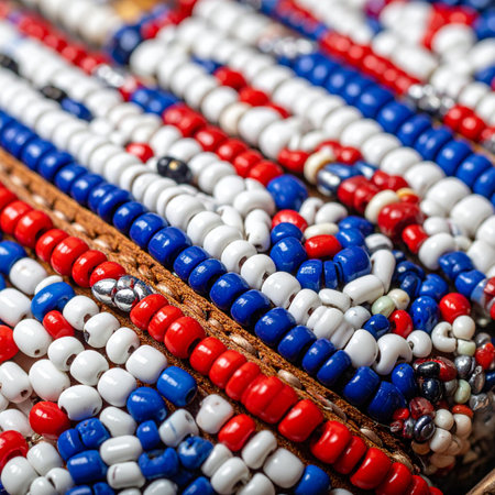 A macro view reveals the intricate detail of handmade beadwork.の素材