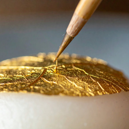 With meticulous precision, a fine brush delicately applies a sheet of shimmering gold leaf.の素材