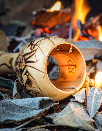 In the quiet of the wilderness, a handcrafted wooden cuff rests on a bed of frosty leaves, its intricate pyrography designs glowing in the warm light of a crackling campfire.の素材