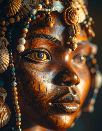 A close-up portrait of a masterfully carved wooden sculpture.の素材