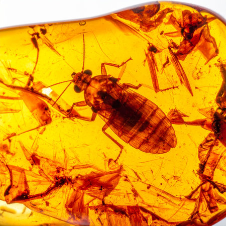 A perfectly preserved prehistoric insect is frozen in time within a piece of golden amber.の素材