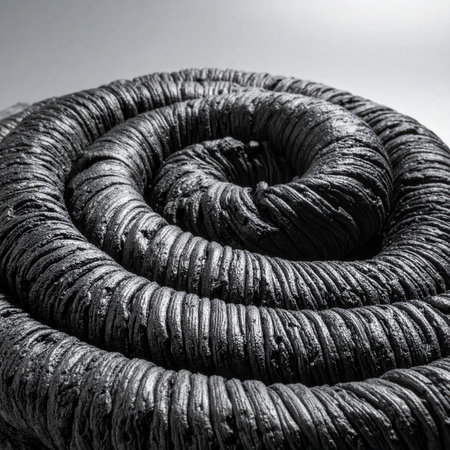 A powerful black and white macro shot captures the intricate details of a heavily textured industrial coil.の素材