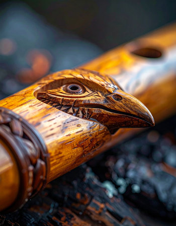 A close-up reveals the soul of a handcrafted wooden flute, where an intricately carved eagle spirit watches over the instrument.の素材