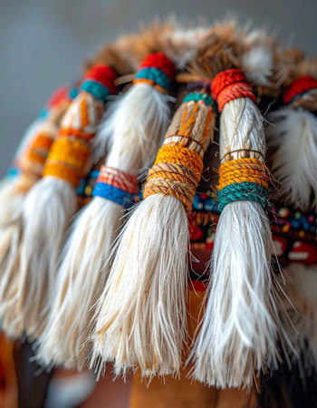 A macro view reveals the intricate craftsmanship of a traditional Native American headdress.の素材