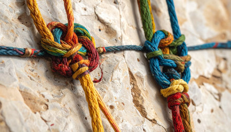 Two intricately tied knots, woven from a rainbow of colorful threads, rest upon a piece of natural tree bark.の素材