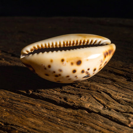 A single, beautifully spotted cowrie shell rests on a dark, weathered wooden surface.の素材