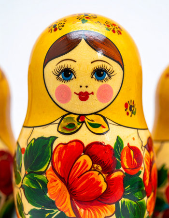 A close-up captures the intricate, hand-painted details of a traditional Russian Matryoshka doll.の素材