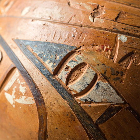 A macro view reveals the intricate details of a time-worn surface, where ancient carvings and distressed metal inlay tell a forgotten story.の素材