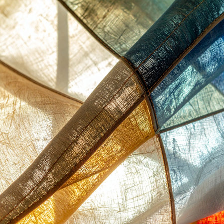 Sunlight filters through layers of colorful, woven fabric, creating a dynamic abstract composition.の素材