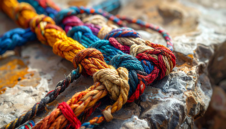 A close-up view captures the intricate details of multiple colorful ropes, braided and knotted together.の素材
