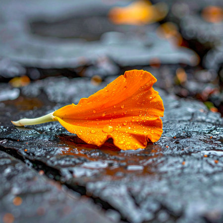 A single, vibrant orange petal rests on the dark, wet pavement after a recent shower. Glistening raindrops cling to its surface, capturing a moment of delicate beauty and quiet solitude.の素材