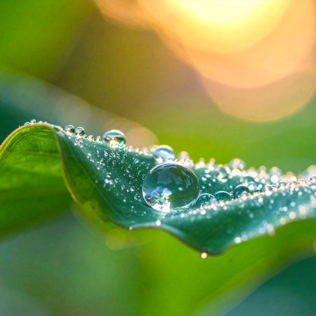 As the golden sun rises, its warm light catches the delicate dewdrops resting on a vibrant green leaf.の素材