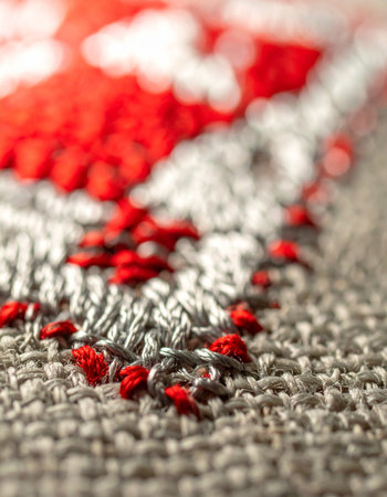 A macro perspective captures the intricate details of handmade cross-stitch embroidery.の素材