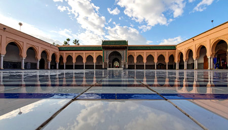 The vast, symmetrical courtyard of the historic Tin Mal Mosque in Morocco offers a moment of profound tranquility.の素材