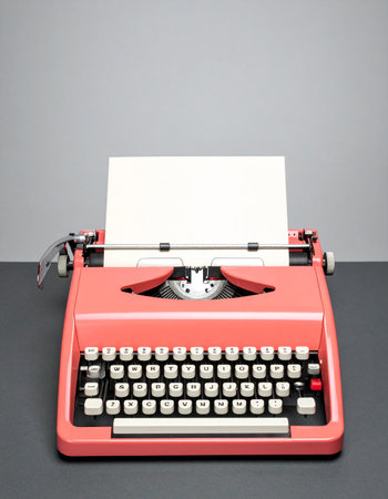 A classic pink vintage typewriter sits ready for inspiration to strike.の素材