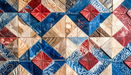 A close-up view of a vibrant wall of handcrafted ceramic tiles.の素材